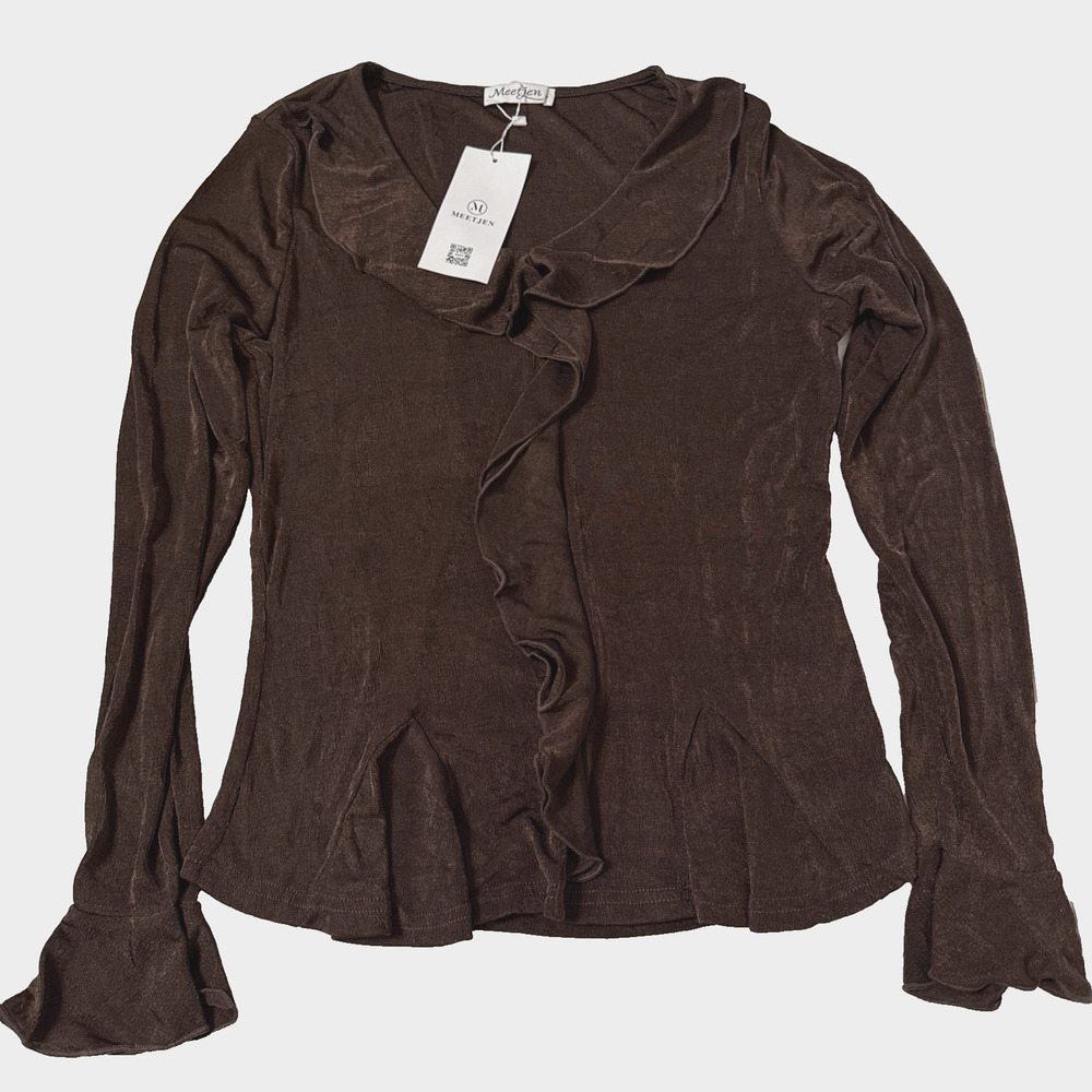Meetjen Women's Ruffle Front Bell Sleeve Tops V Neck Fall Outfit Sz-Large Brown